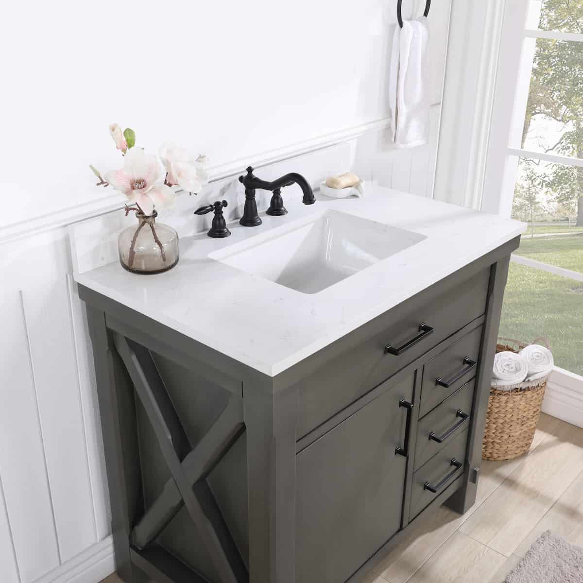 Vinnova Viella 36 Inch Freestanding Single Sink Bath Vanity in Rust Grey Finish with White Composite Countertop Without Mirror Counter Top 701836-RU-WS-NM