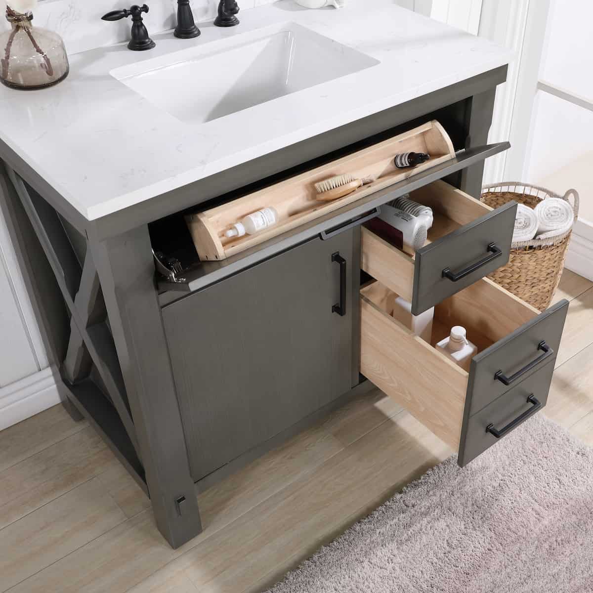 Vinnova Viella 36 Inch Freestanding Single Sink Bath Vanity in Rust Grey Finish with White Composite Countertop Without Mirror Inside Drawers 701836-RU-WS-NM