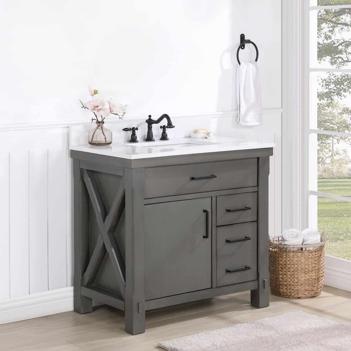 Vinnova Viella 36 Inch Freestanding Single Sink Bath Vanity in Rust Grey Finish with White Composite Countertop Without Mirror Side 701836-RU-WS-NM