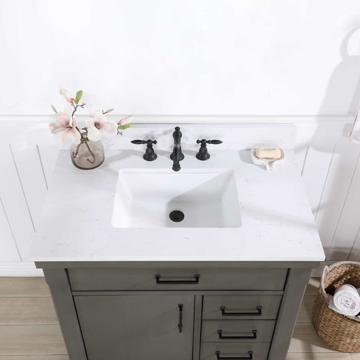 Vinnova Viella 36 Inch Freestanding Single Sink Bath Vanity in Rust Grey Finish with White Composite Countertop Without Mirror Sink 701836-RU-WS-NM