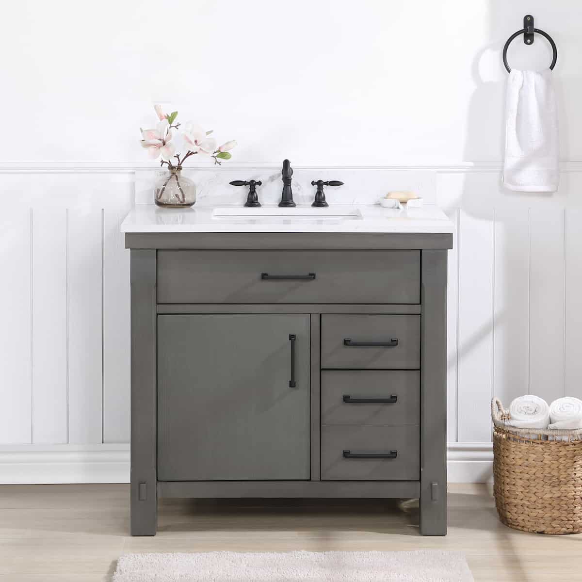 Vinnova Viella 36 Inch Freestanding Single Sink Bath Vanity in Rust Grey Finish with White Composite Countertop Without Mirror in Bathroom 701836-RU-WS-NM