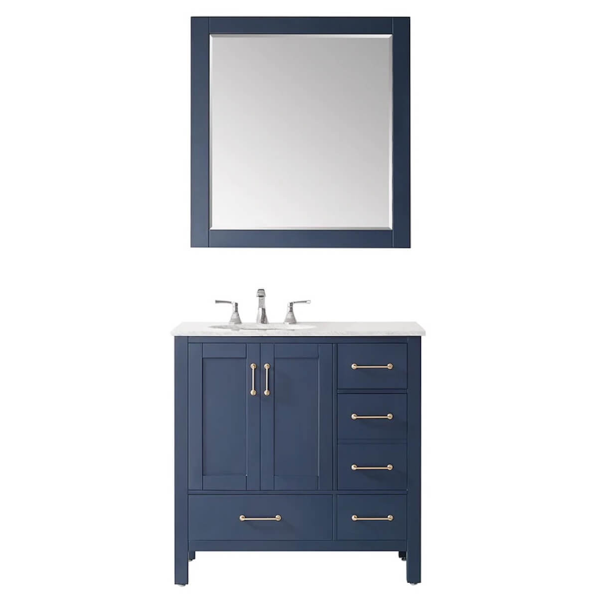 Vinnova 36” Gela Royal Blue Freestanding Single Vanity with Carrara White Marble Countertop With Mirror 723036-RB-CA