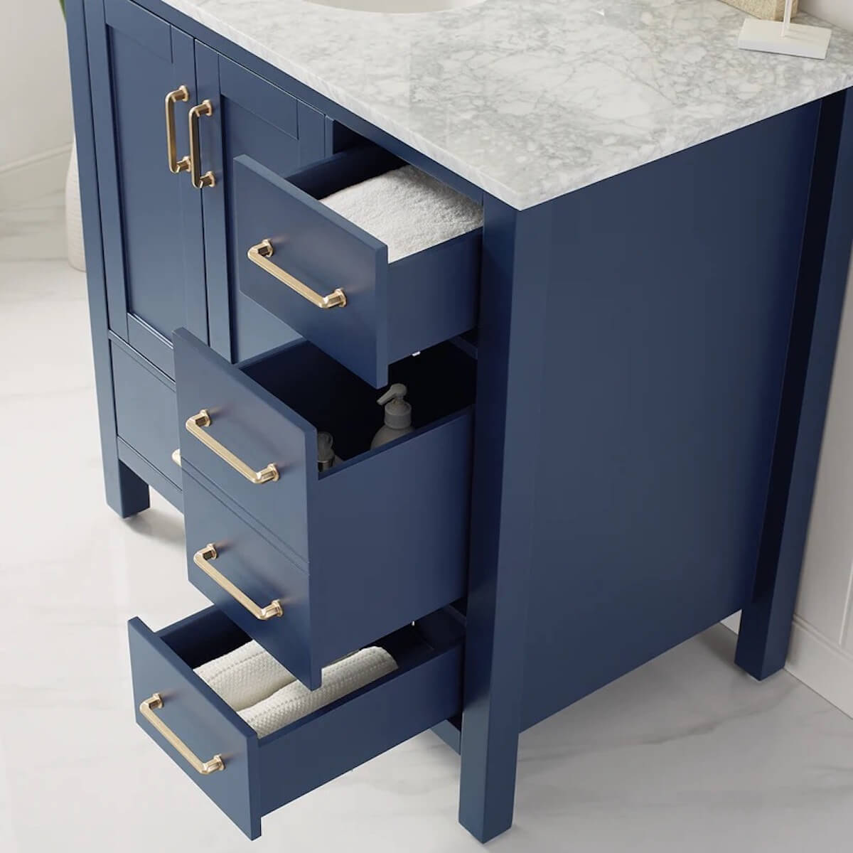 Vinnova 36” Gela Royal Blue Freestanding Single Vanity with Carrara White Marble Countertop With Mirror Dovetails 723036-RB-CA