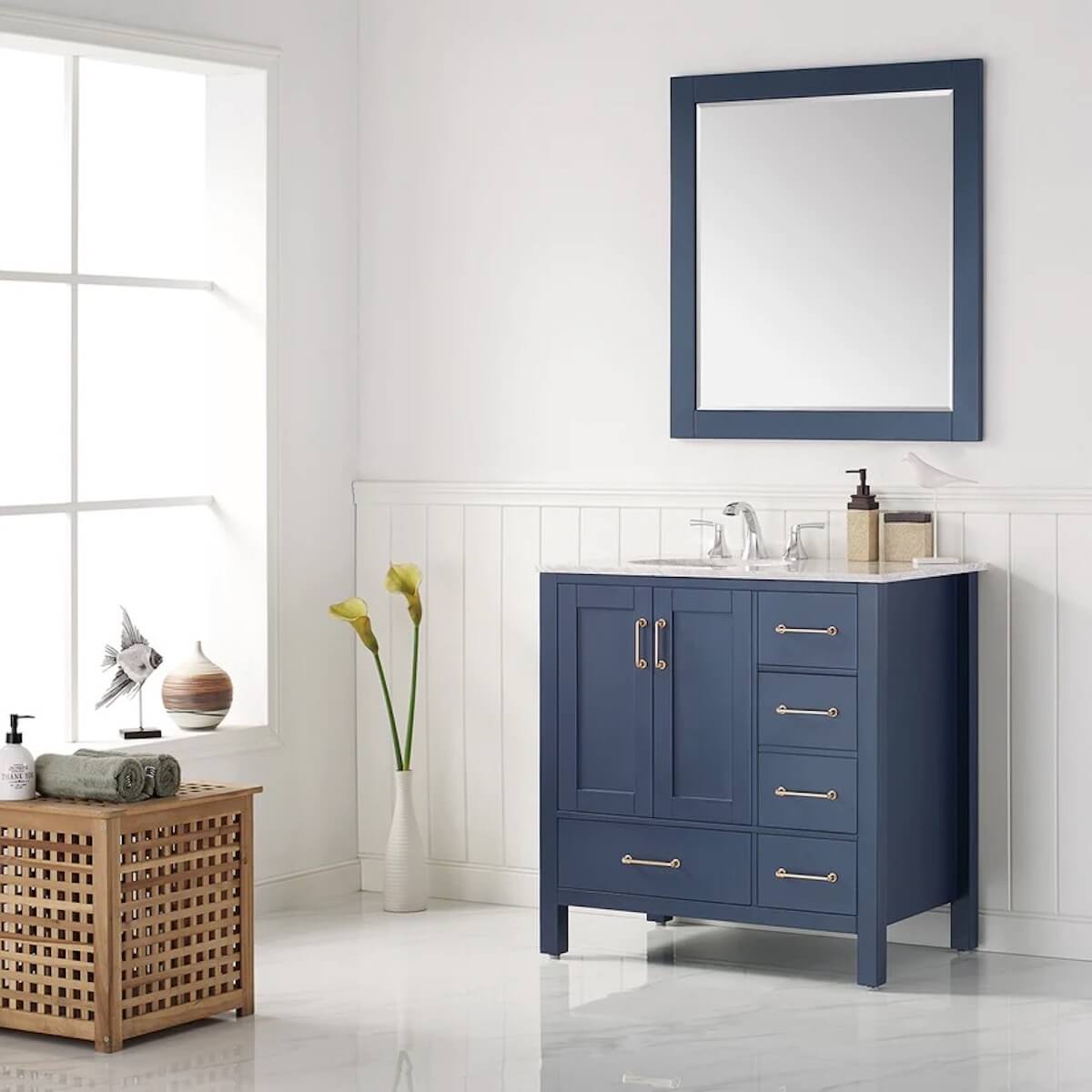 Vinnova 36” Gela Royal Blue Freestanding Single Vanity with Carrara White Marble Countertop With Mirror in Bathroom Angle 723036-RB-CA