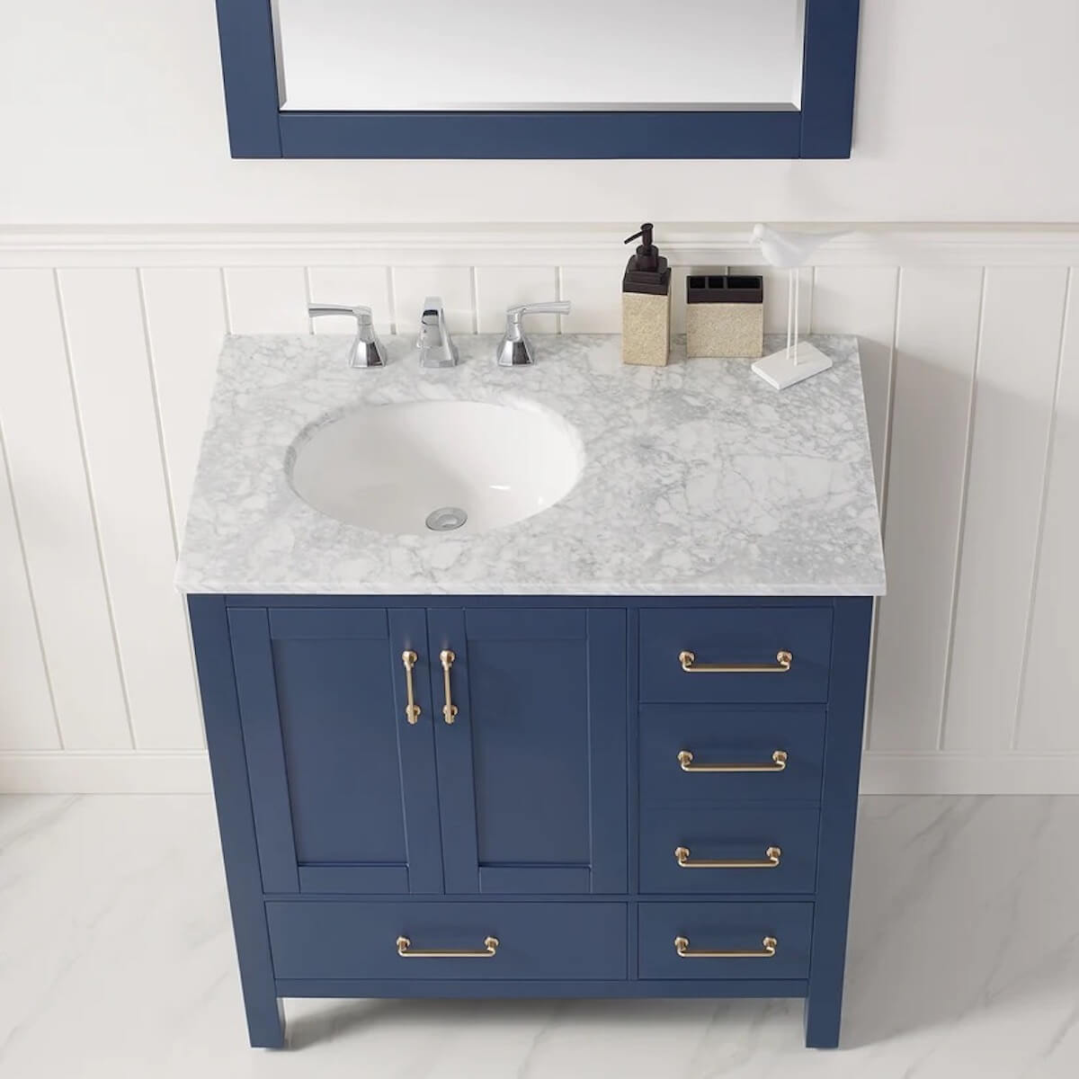 Vinnova 36” Gela Royal Blue Freestanding Single Vanity with Carrara White Marble Countertop With Mirror Counter 723036-RB-CA