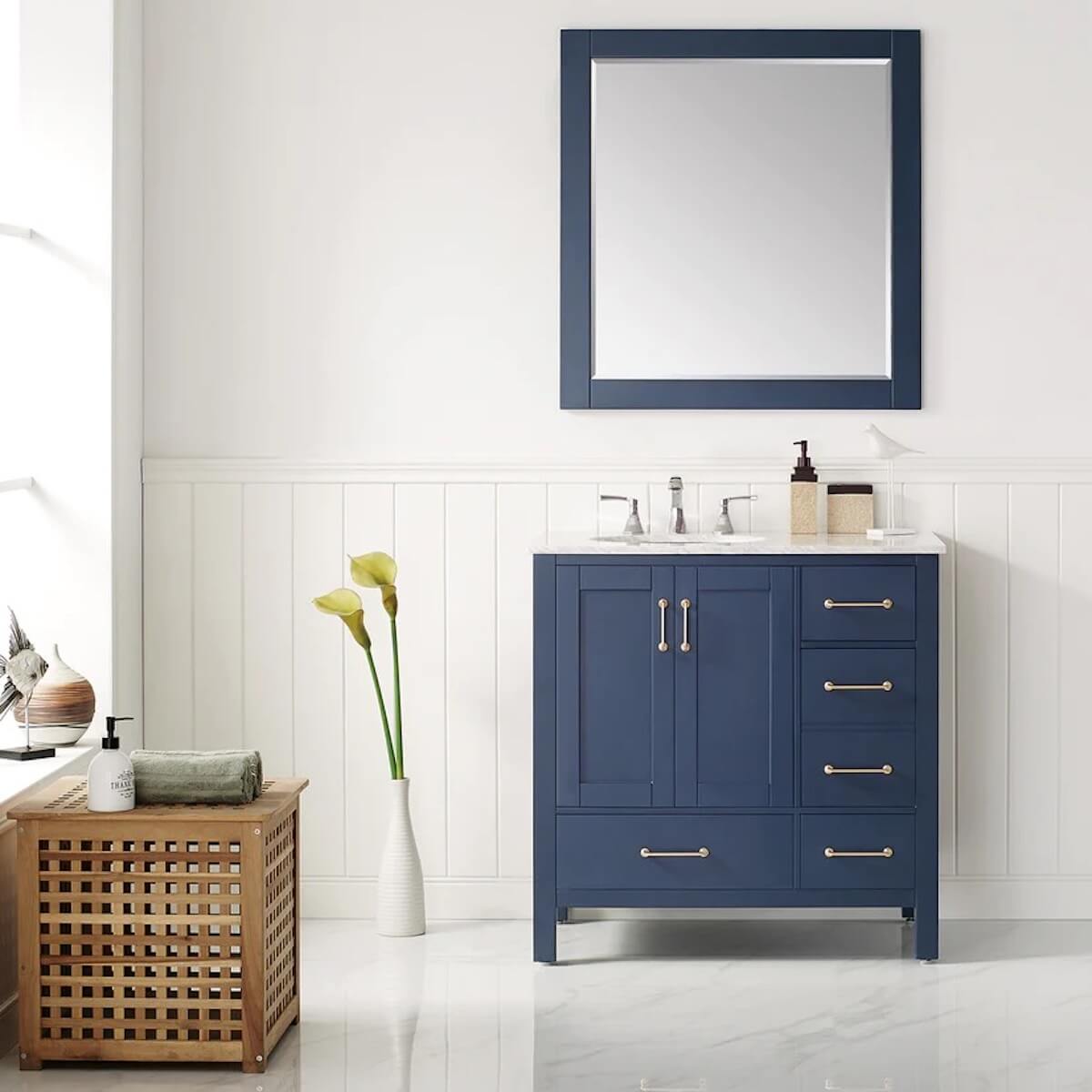 Vinnova 36” Gela Royal Blue Freestanding Single Vanity with Carrara White Marble Countertop With Mirror in Bathroom 723036-RB-CA