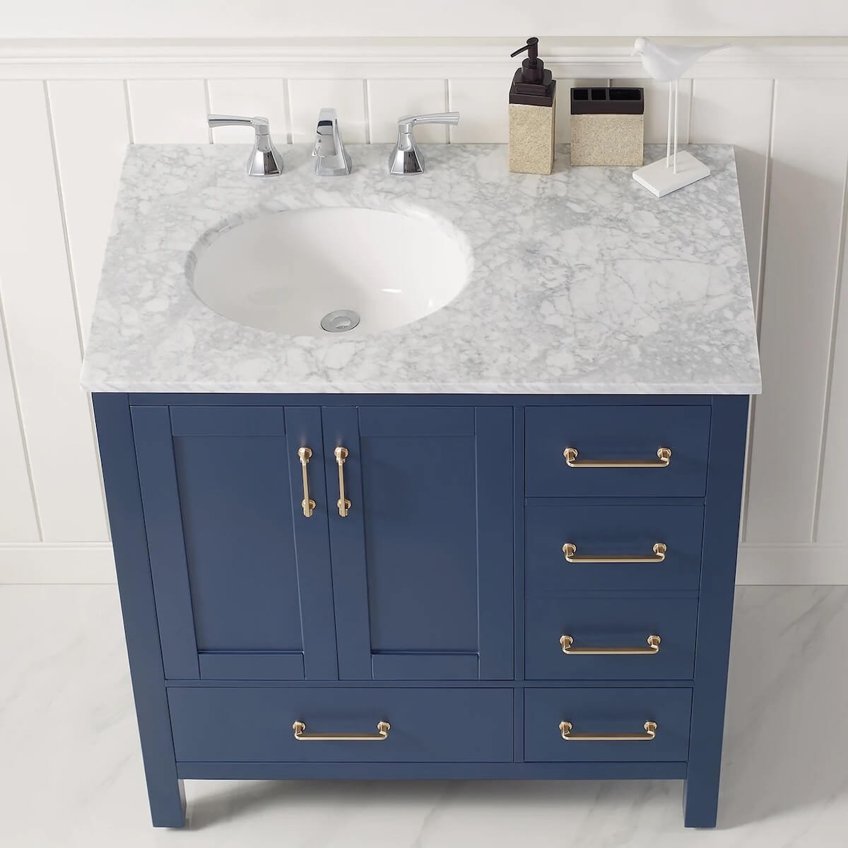 Vinnova 36 Inch Gela Royal Blue Freestanding Single Vanity with Carrara White Marble Countertop Without Mirror Counter 723036-RB-CA-NM
