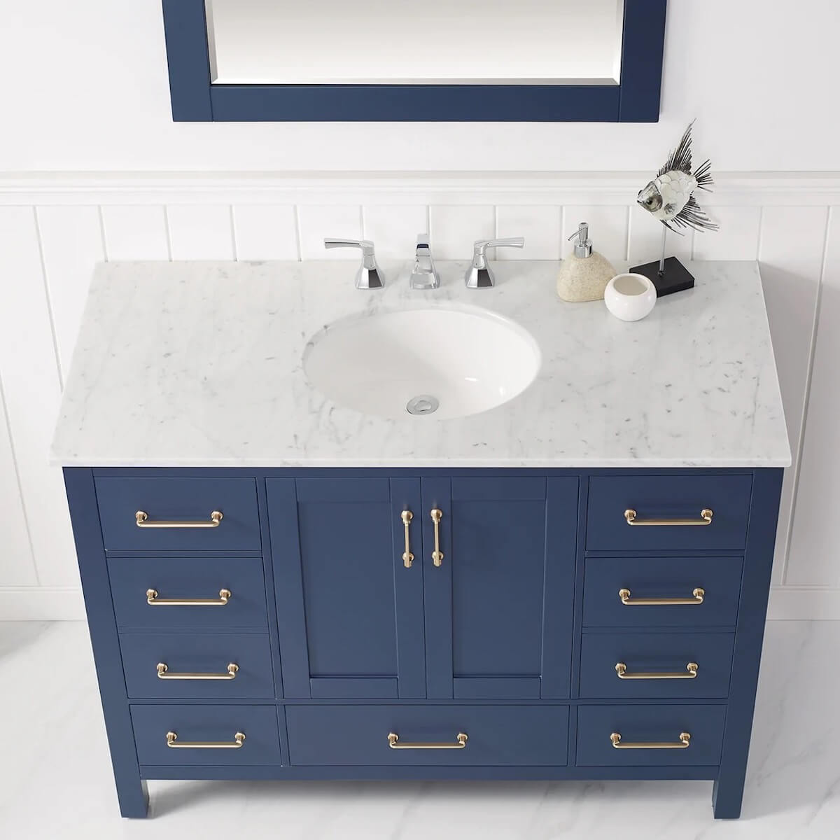 Vinnova 48” Gela Royal Blue Freestanding Single Sink Vanity with Carrara White Marble Countertop With Mirror Counter 723048-RB-CA