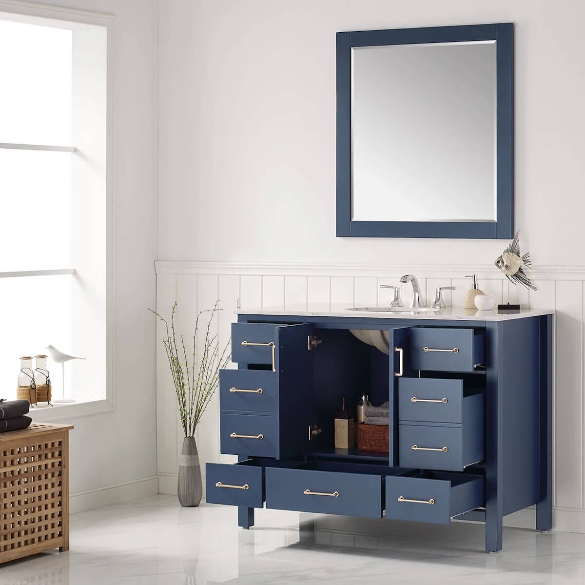 Vinnova 48” Gela Royal Blue Freestanding Single Sink Vanity with Carrara White Marble Countertop With Mirror Inside 723048-RB-CA