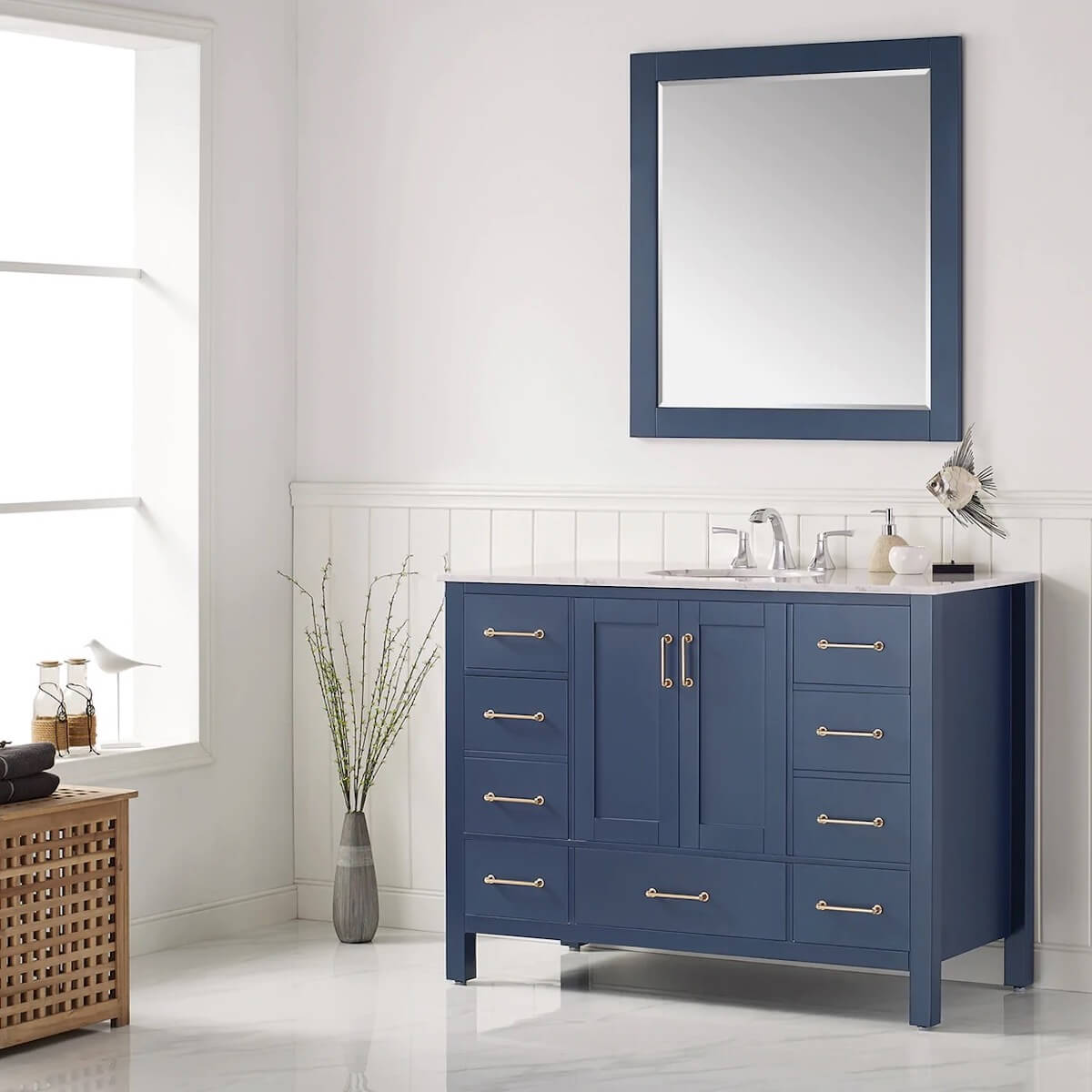 Vinnova 48” Gela Royal Blue Freestanding Single Sink Vanity with Carrara White Marble Countertop With Mirror Side in Bathroom 723048-RB-CA