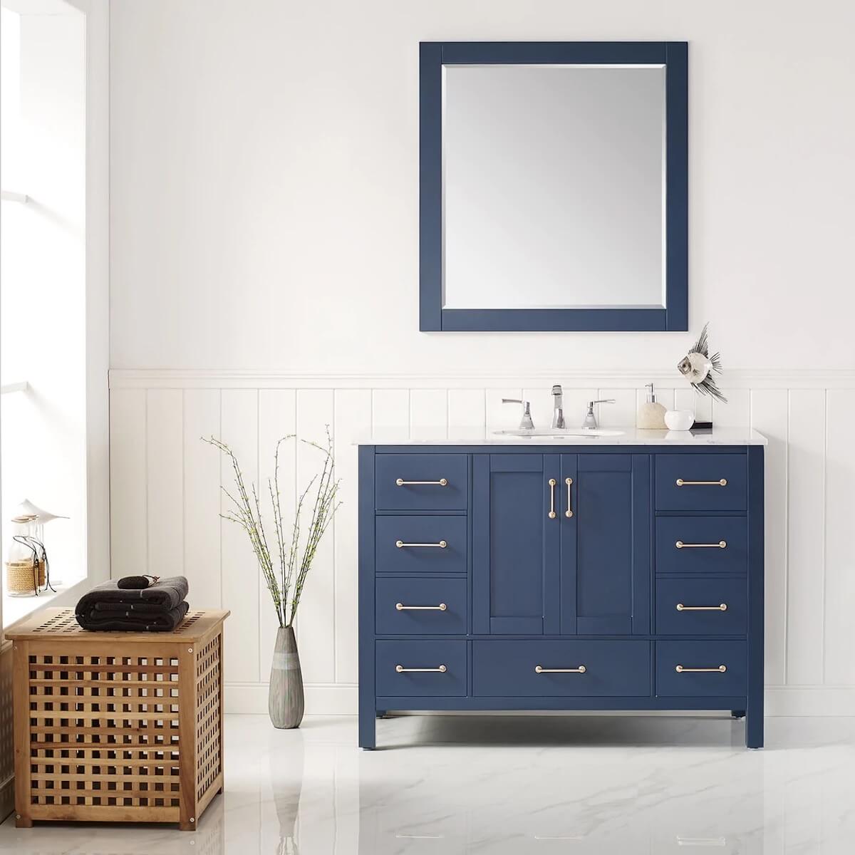 Vinnova 48” Gela Royal Blue Freestanding Single Sink Vanity with Carrara White Marble Countertop With Mirror in Bathroom 723048-RB-CA
