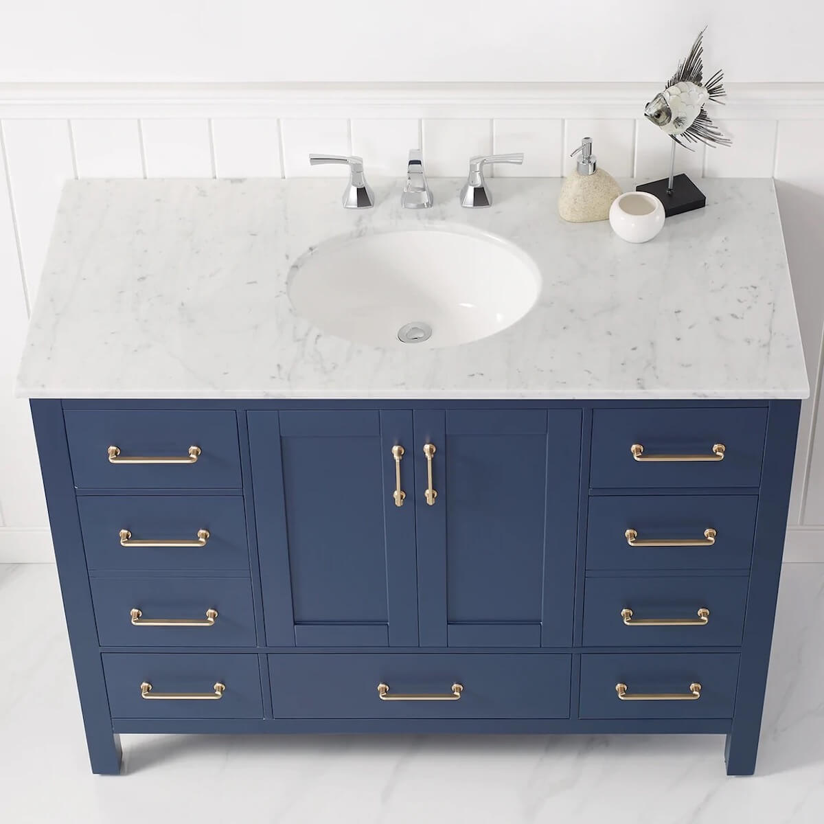 Vinnova 48” Gela Royal Blue Freestanding Single Vanity with Carrara White Marble Countertop Without Mirror Counter 723048-RB-CA-NM