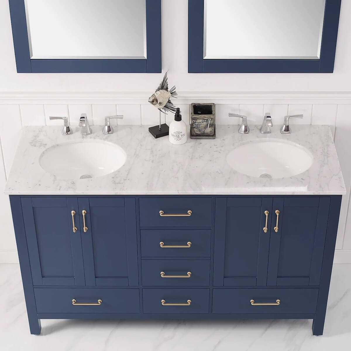Vinnova 60” Gela Royal Blue Double Vanity with Carrara White Marble Countertop With Mirror Counter 723060-RB-CA