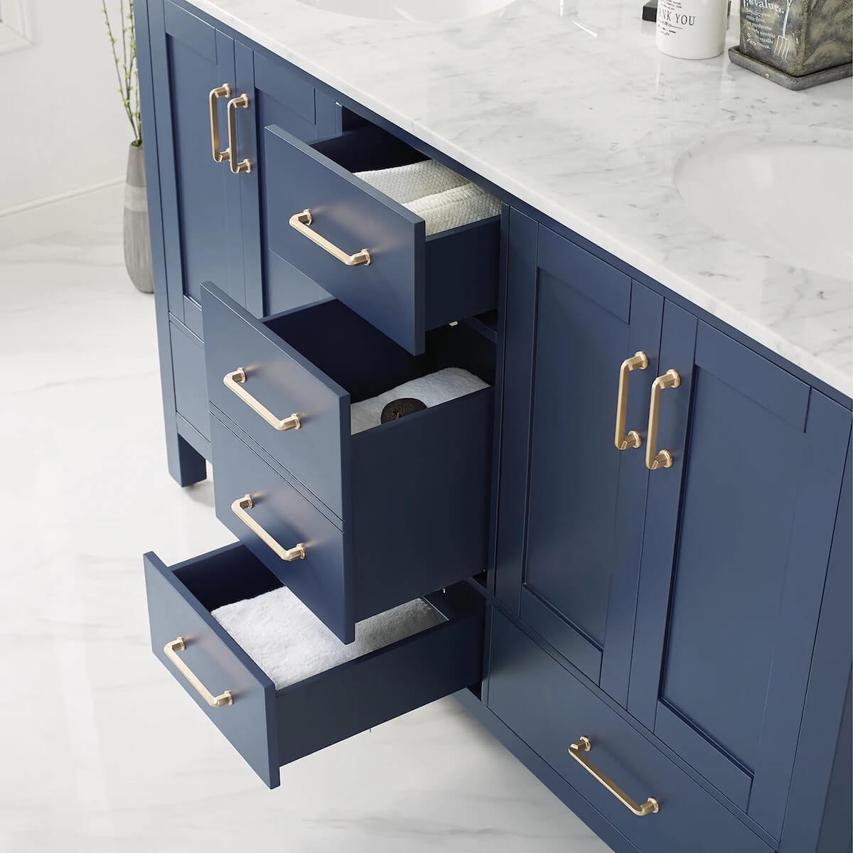 Vinnova 60” Gela Royal Blue Double Vanity with Carrara White Marble Countertop With Mirror Dovetails 723060-RB-CA