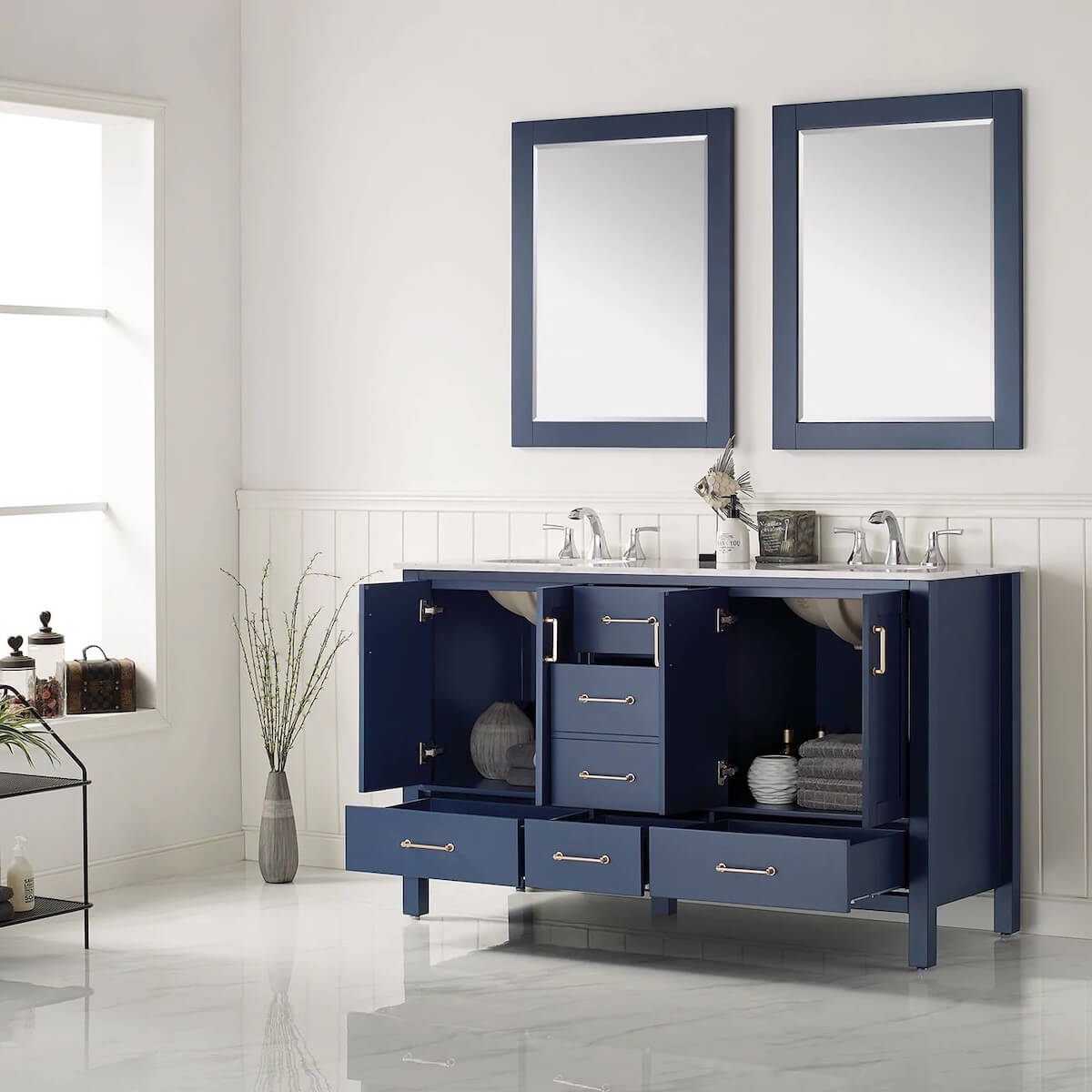 Vinnova 60” Gela Royal Blue Double Vanity with Carrara White Marble Countertop With Mirror Inside 723060-RB-CA