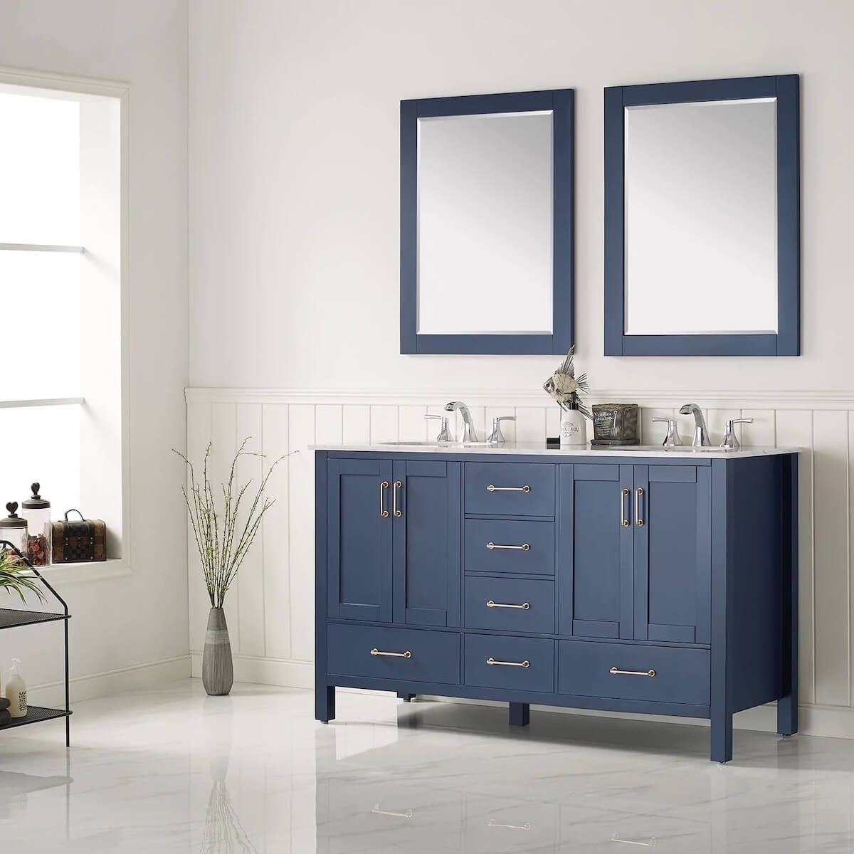 Vinnova 60” Gela Royal Blue Double Vanity with Carrara White Marble Countertop With Mirror Side 723060-RB-CA