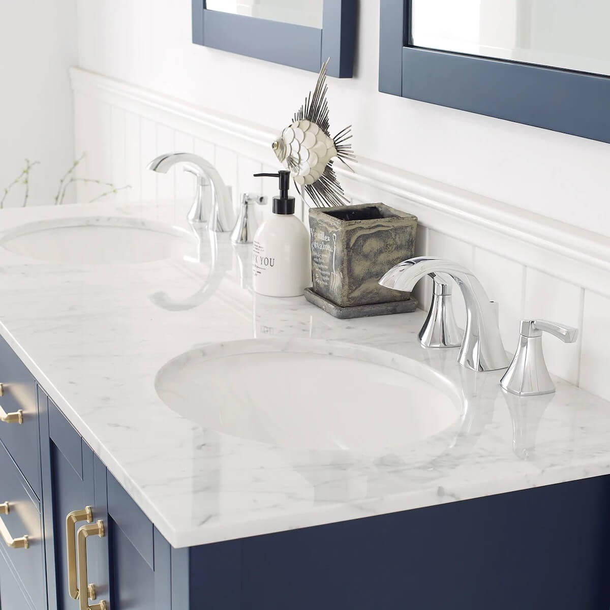 Vinnova 60” Gela Royal Blue Double Vanity with Carrara White Marble Countertop With Mirror Sinks 723060-RB-CA