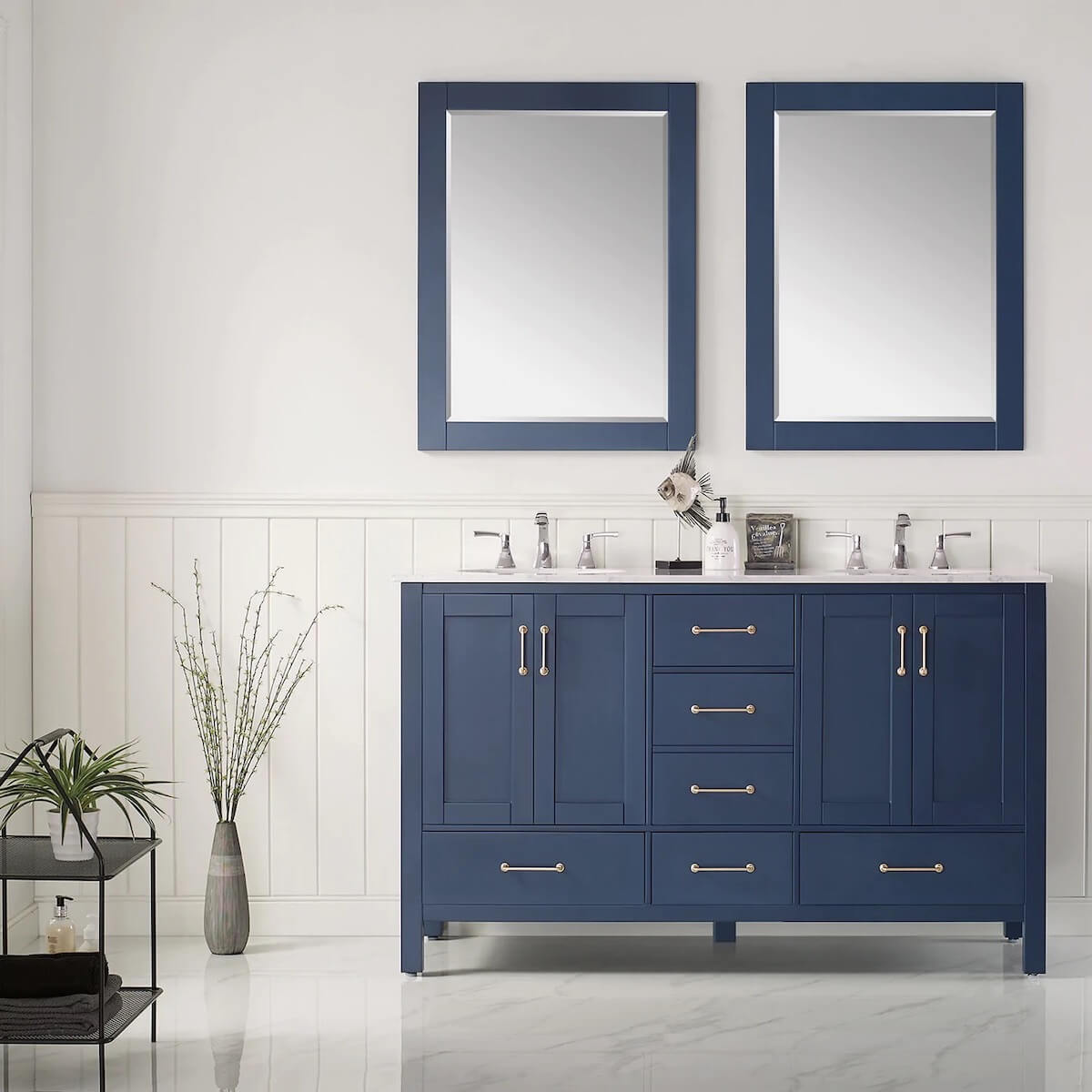 Vinnova 60” Gela Royal Blue Double Vanity with Carrara White Marble Countertop With Mirror in Bathroom 723060-RB-CA