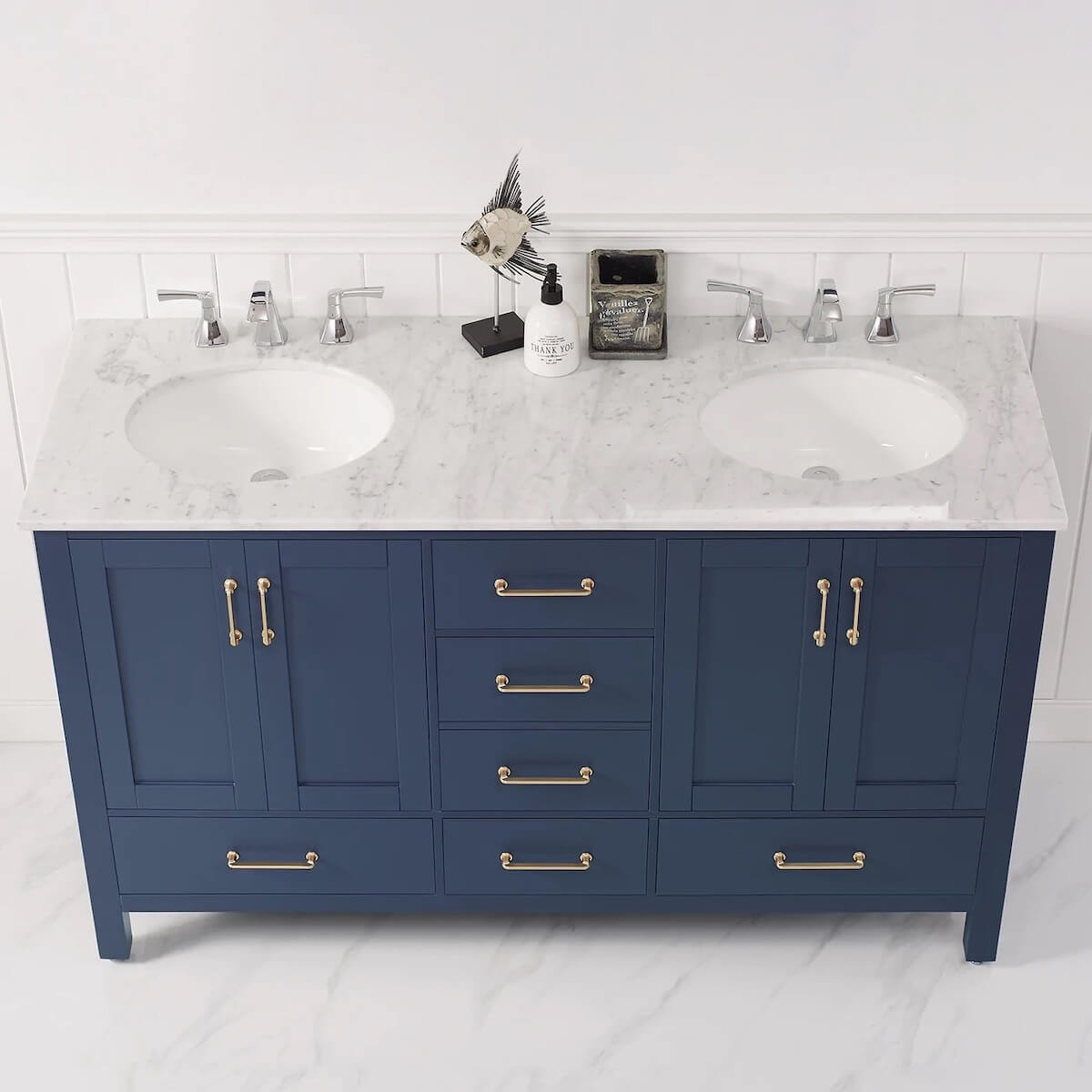 Vinnova 60” Gela Royal Blue Double Vanity with Carrara White Marble Countertop Without Mirror Counter 723060-RB-CA-NM