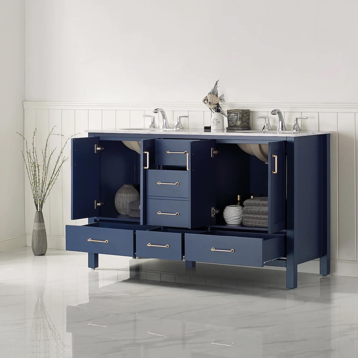 Vinnova 60” Gela Royal Blue Double Vanity with Carrara White Marble Countertop Without Mirror Inside 723060-RB-CA-NM