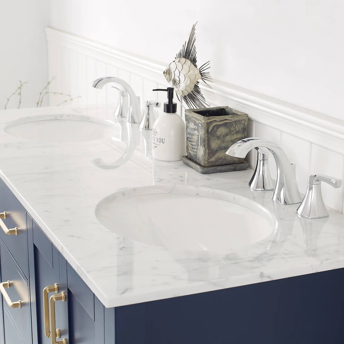 Vinnova 60” Gela Royal Blue Double Vanity with Carrara White Marble Countertop Without Mirror Sinks 723060-RB-CA-NM