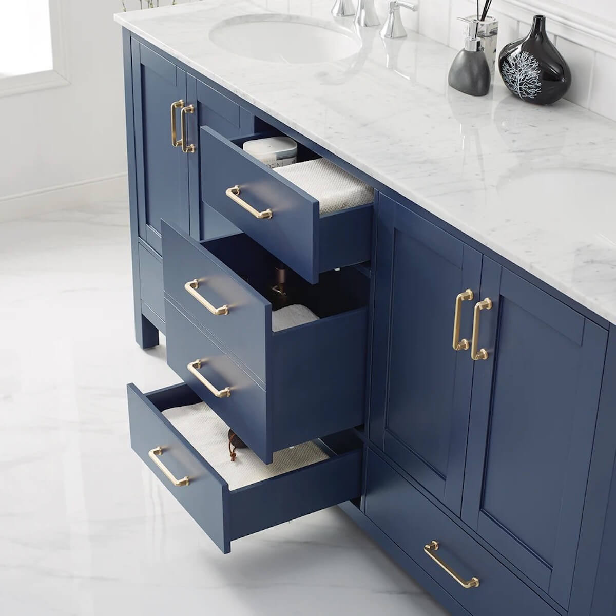 Vinnova 72” Gela Royal Blue Freestanding Double Vanity with Carrara White Marble Countertop With Mirror Drawers 723072-RB-CA