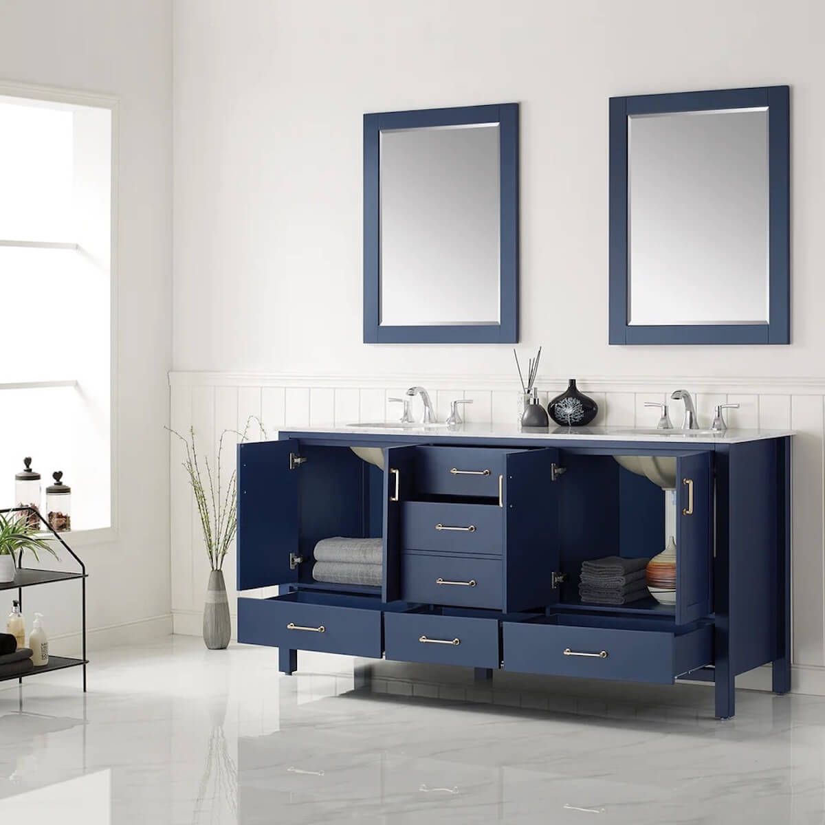 Vinnova 72” Gela Royal Blue Freestanding Double Vanity with Carrara White Marble Countertop With Mirror Inside 723072-RB-CA