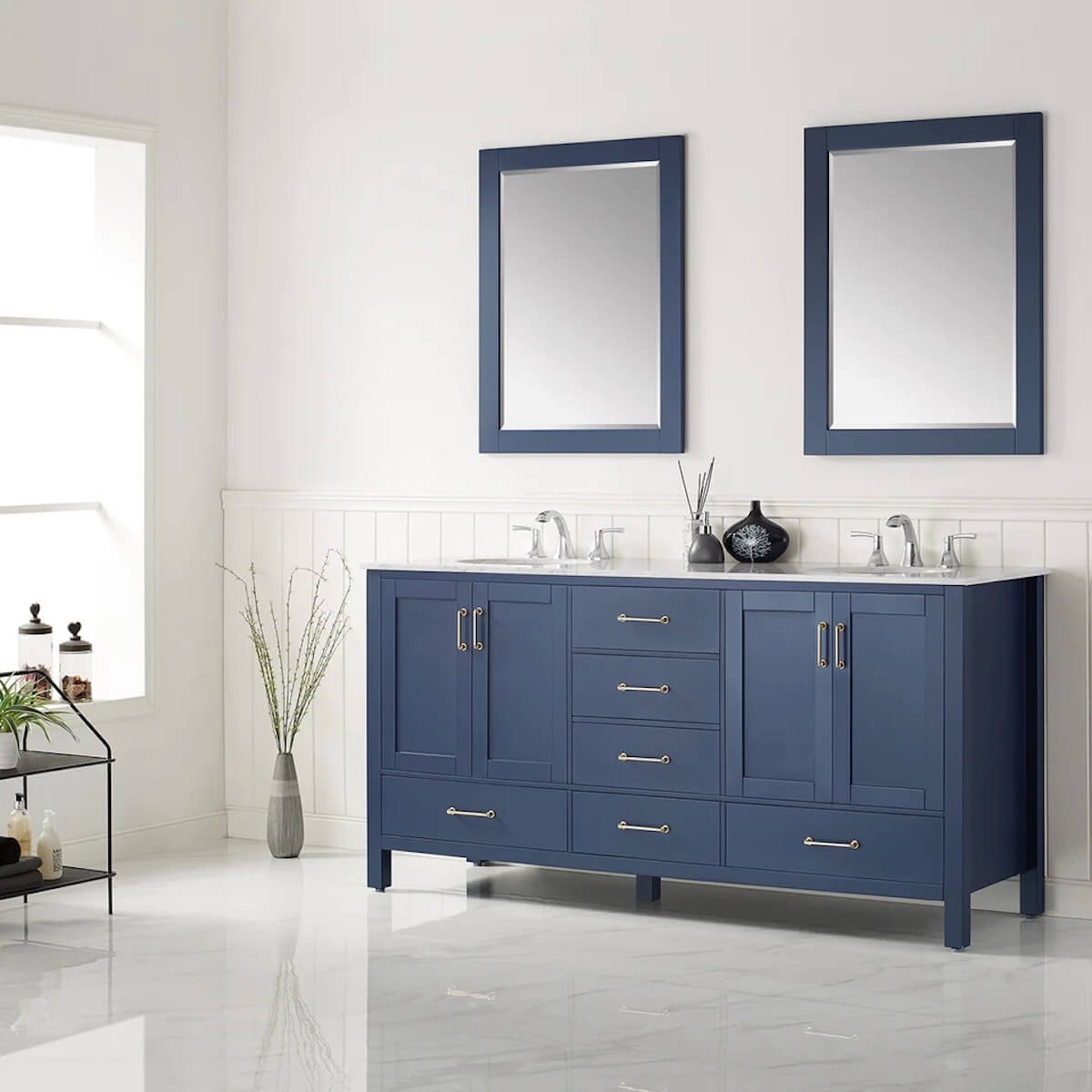 Vinnova 72” Gela Royal Blue Freestanding Double Vanity with Carrara White Marble Countertop With Mirror Side 723072-RB-CA