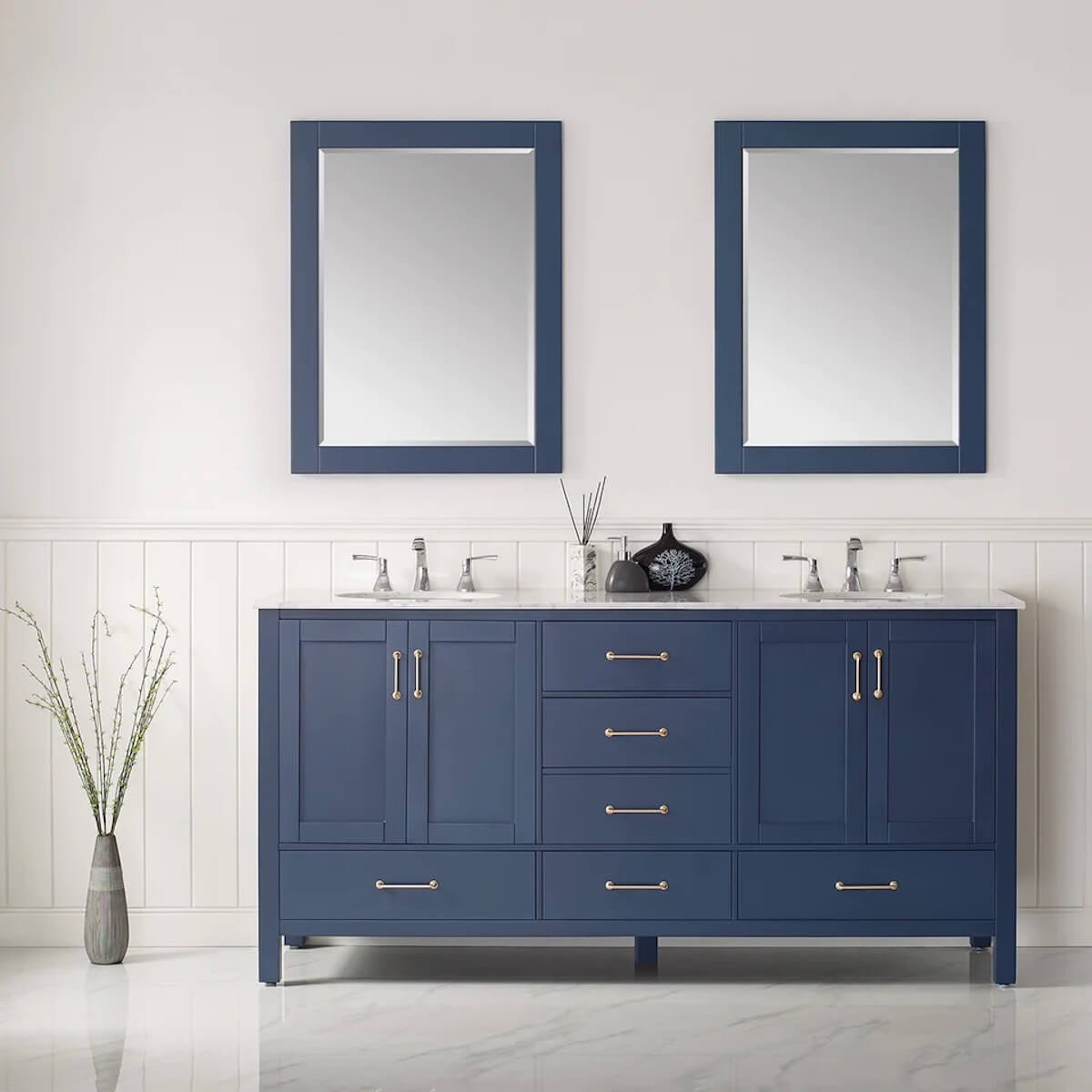 Vinnova 72” Gela Royal Blue Freestanding Double Vanity with Carrara White Marble Countertop With Mirror in Bathroom 723072-RB-CA