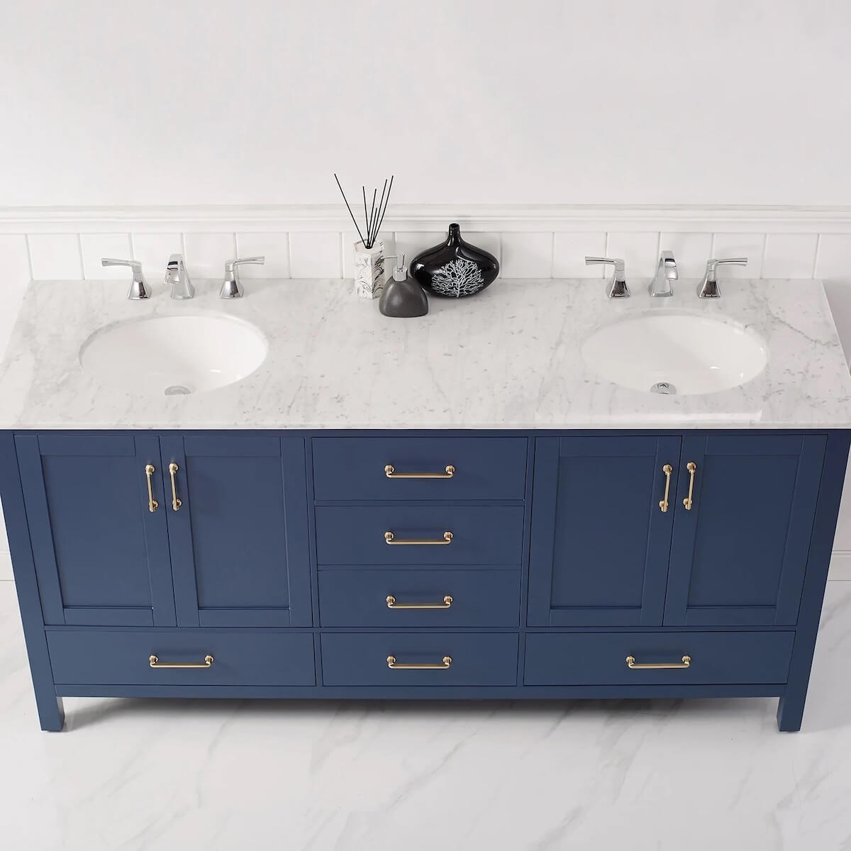Vinnova 72” Gela Royal Blue Freestanding Double Vanity with Carrara White Marble Countertop Without Mirror Counter 723072-RB-CA-NM