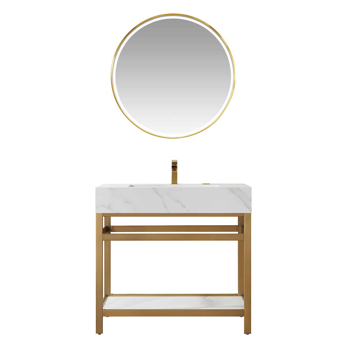 Vinnova Bilbao 36 Inch Freestanding Single Vanity with Brushed-Gold Stainless Steel Bracket Match with Snow Mountain-White Stone Countertop With LED Mirror 701136-BG-SMB