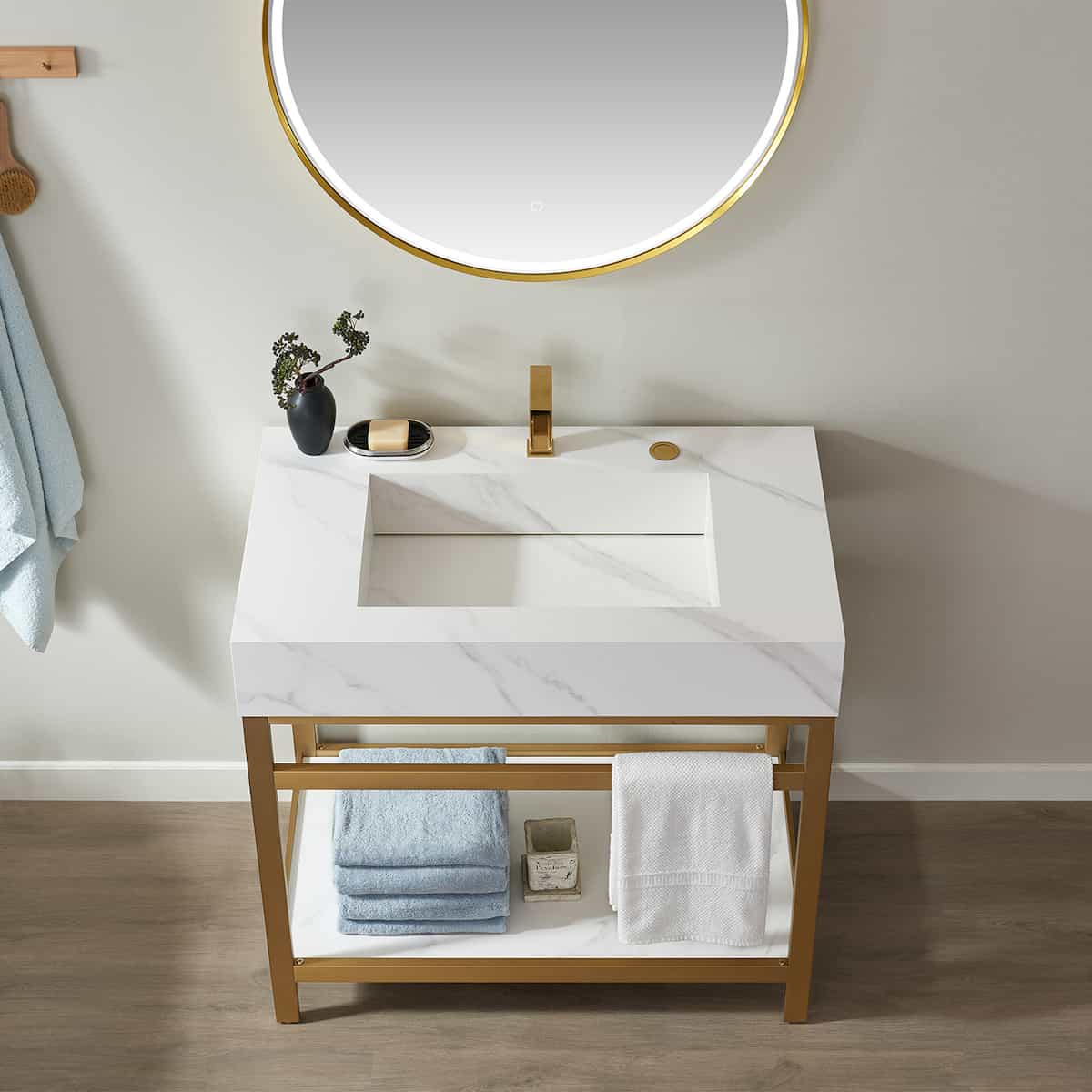 Vinnova Bilbao 36 Inch Freestanding Single Vanity with Brushed-Gold Stainless Steel Bracket Match with Snow Mountain-White Stone Countertop With LED Mirror Top 701136-BG-SMB