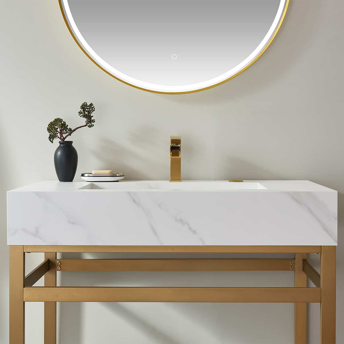 Vinnova Bilbao 36 Inch Freestanding Single Vanity with Brushed-Gold Stainless Steel Bracket Match with Snow Mountain-White Stone Countertop With LED Mirror Countertop 701136-BG-SMB