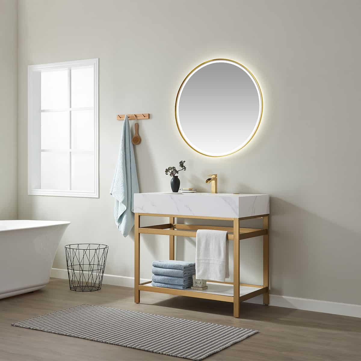 Vinnova Bilbao 36 Inch Freestanding Single Vanity with Brushed-Gold Stainless Steel Bracket Match with Snow Mountain-White Stone Countertop With LED Mirror Side 701136-BG-SMB