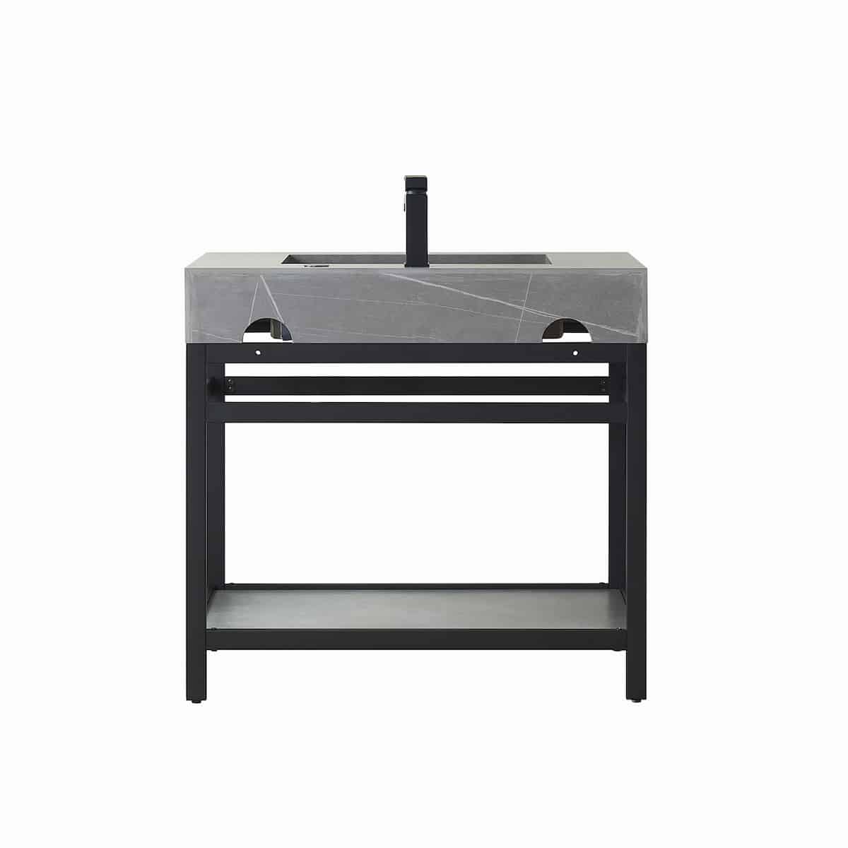 Vinnova Bilbao 36 Inch Freestanding Single Vanity with Matte Black Stainless Steel Bracket Match with Grey Sintered Stone Top With LED Mirror Back 701136-TB-WK