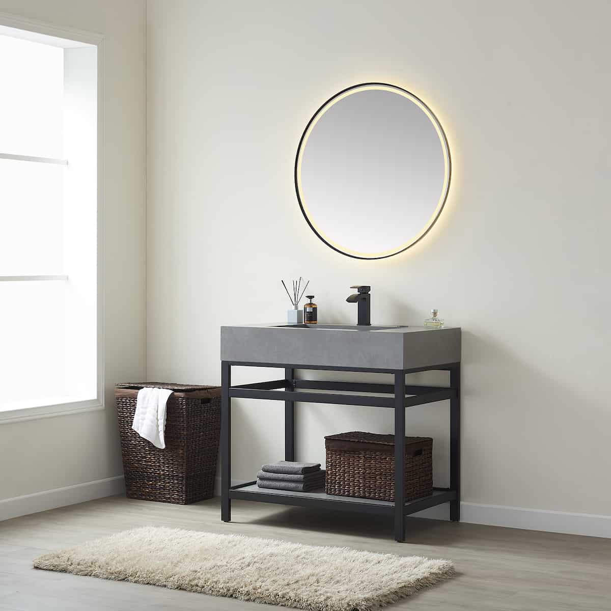 Vinnova Bilbao 36 Inch Freestanding Single Vanity with Matte Black Stainless Steel Bracket Match with Grey Sintered Stone Top With LED Mirror Side 701136-TB-WK