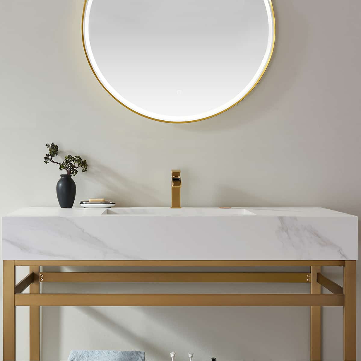 Vinnova Bilbao 48 Inch Freestanding Single Vanity with Brushed-Gold Stainless Steel Bracket Match with Snow Mountain-White Stone Countertop With LED Mirror Countertop 701148-BG-SMB