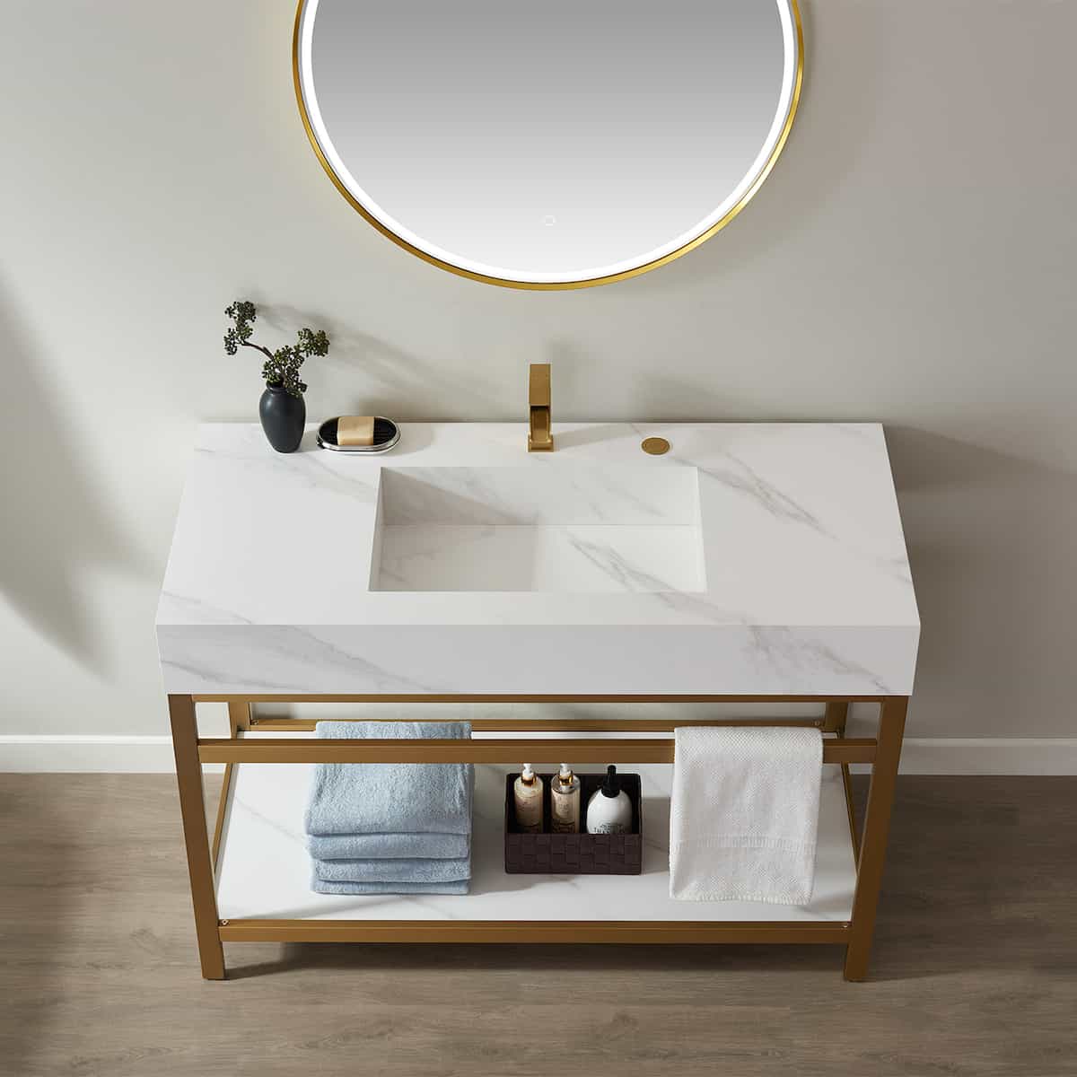 Vinnova Bilbao 48 Inch Freestanding Single Vanity with Brushed-Gold Stainless Steel Bracket Match with Snow Mountain-White Stone Countertop With LED Mirror Counter 701148-BG-SMB