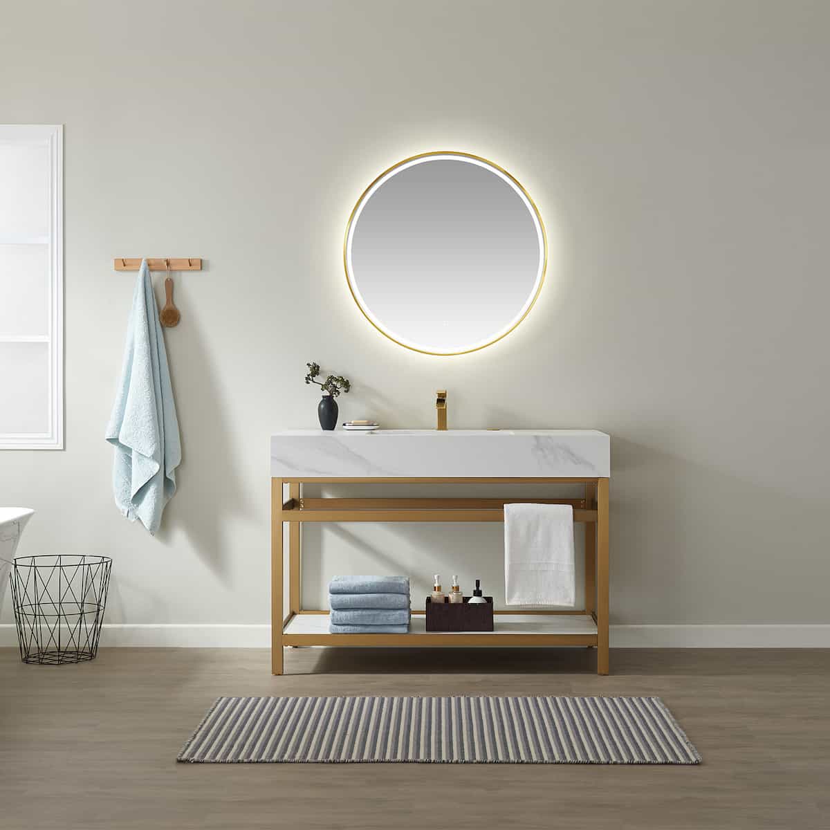 Vinnova Bilbao 48 Inch Freestanding Single Vanity with Brushed-Gold Stainless Steel Bracket Match with Snow Mountain-White Stone Countertop With LED Mirror in Bathroom 701148-BG-SMB