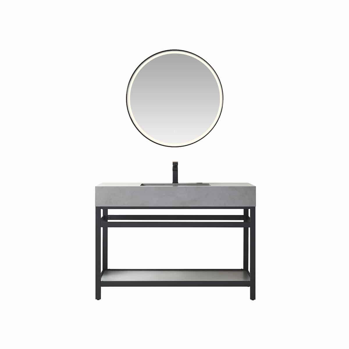 Vinnova Bilbao 48 Inch Freestanding Single Vanity with Matte Black Stainless Steel Bracket Match with Grey Sintered Stone Top With LED Mirror 701148-TB-WK