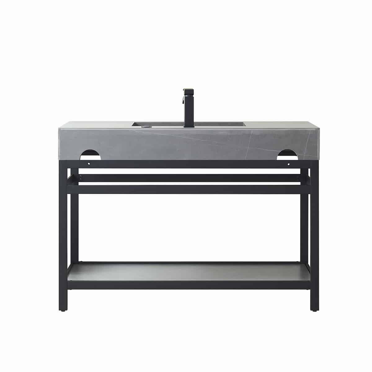 Vinnova Bilbao 48 Inch Freestanding Single Vanity with Matte Black Stainless Steel Bracket Match with Grey Sintered Stone Top With LED Mirror Back 701148-TB-WK
