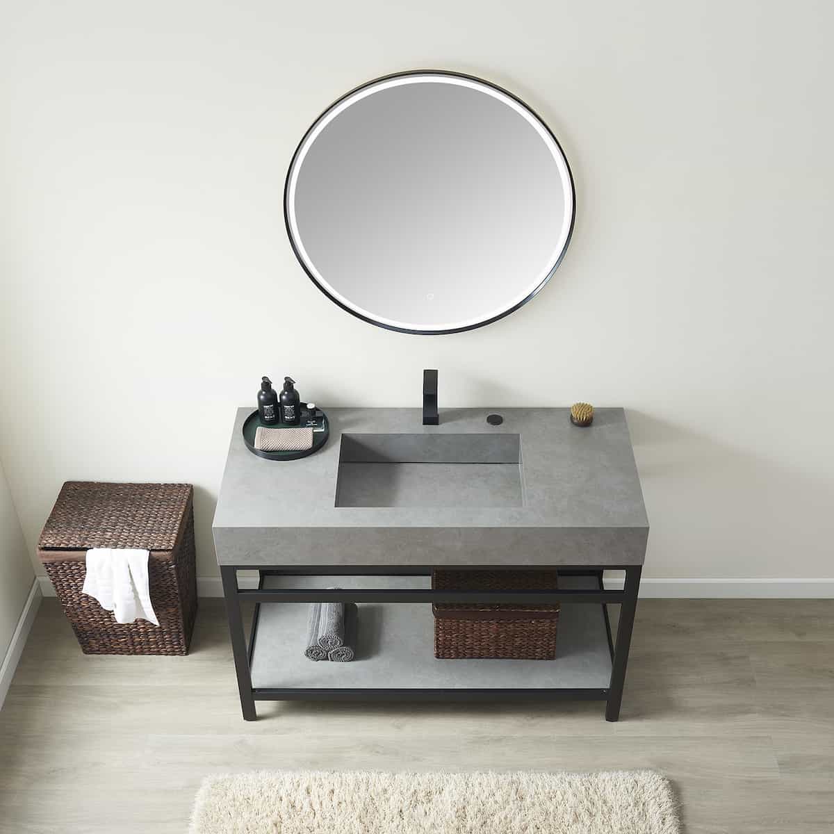 Vinnova Bilbao 48 Inch Freestanding Single Vanity with Matte Black Stainless Steel Bracket Match with Grey Sintered Stone Top With LED Mirror Top 701148-TB-WK