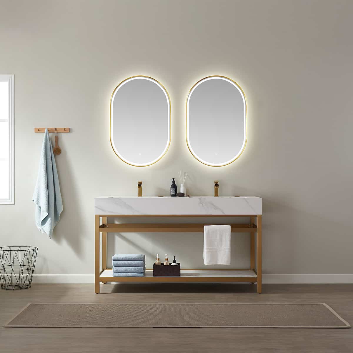 Vinnova Bilbao 60 Inch Freestanding Double Vanity with Brushed-Gold Stainless Steel Bracket Match with Snow Mountain-White Stone Countertop With LED Mirrors in Bathroom 701160-BG-SMB