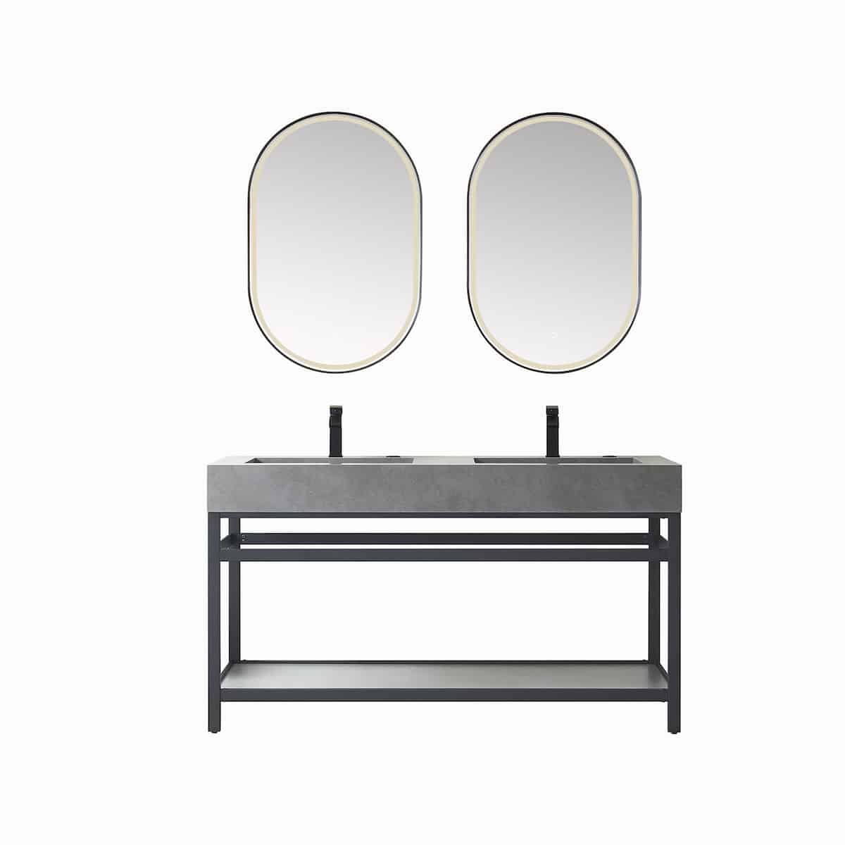 Vinnova Bilbao 60 Inch Freestanding Double Vanity with Matte Black Stainless Steel Bracket Match with Grey Sintered Stone Top With LED Mirrors 701160-TB-WK