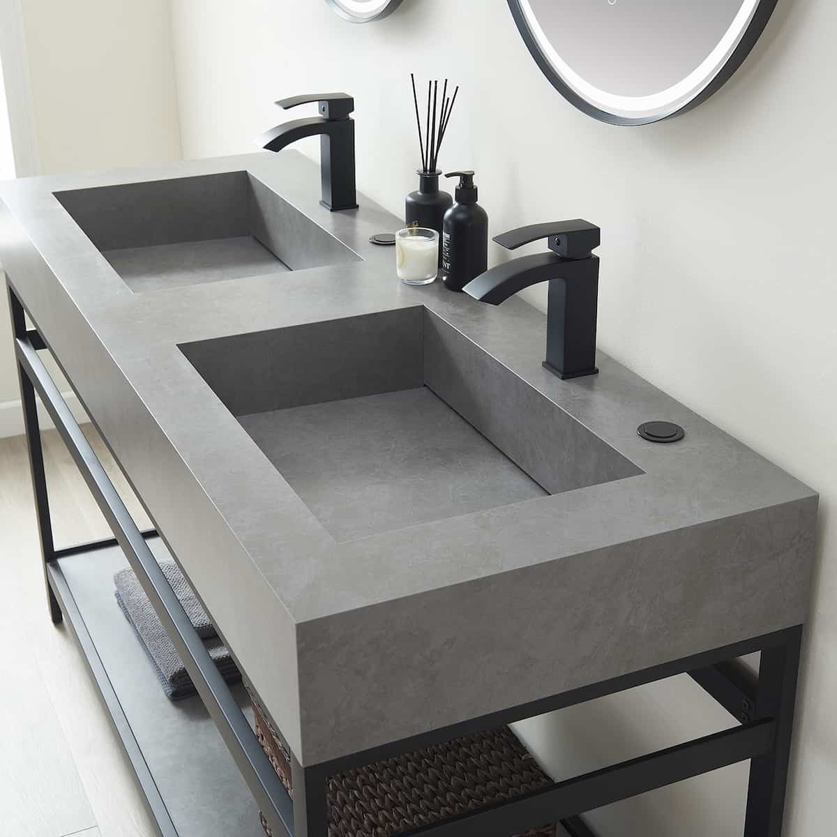 Vinnova Bilbao 60 Inch Freestanding Double Vanity with Matte Black Stainless Steel Bracket Match with Grey Sintered Stone Top With LED Mirrors Sinks 701160-TB-WK