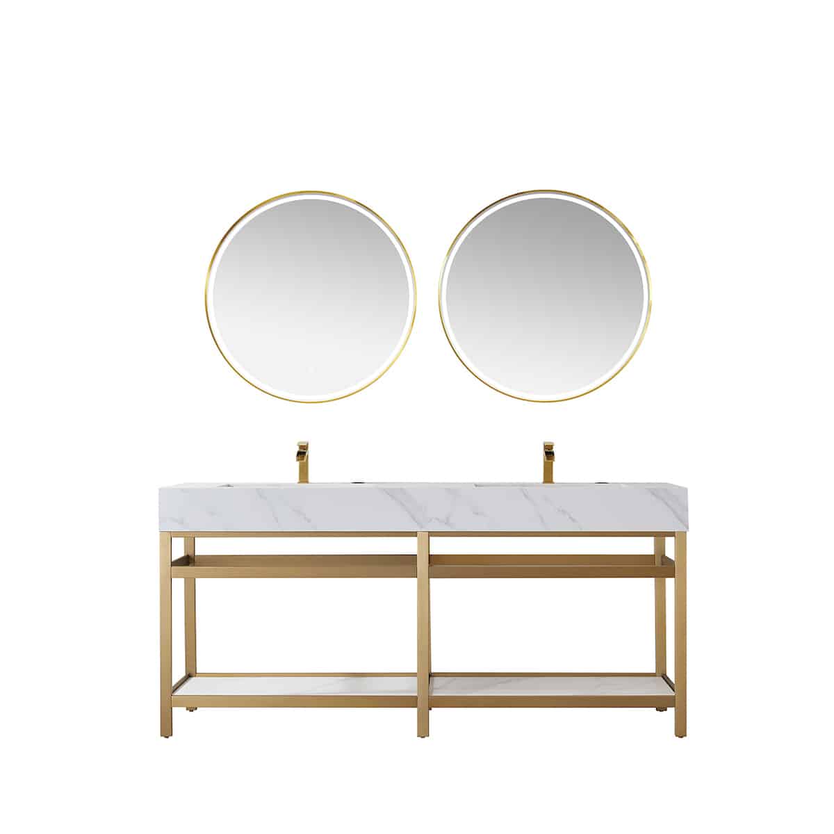 Vinnova Bilbao 72 Inch Freestanding Double Vanity with Brushed-Gold Stainless Steel Bracket Match with Snow Mountain-White Stone Countertop With LED Mirrors 701172-BG-SMB