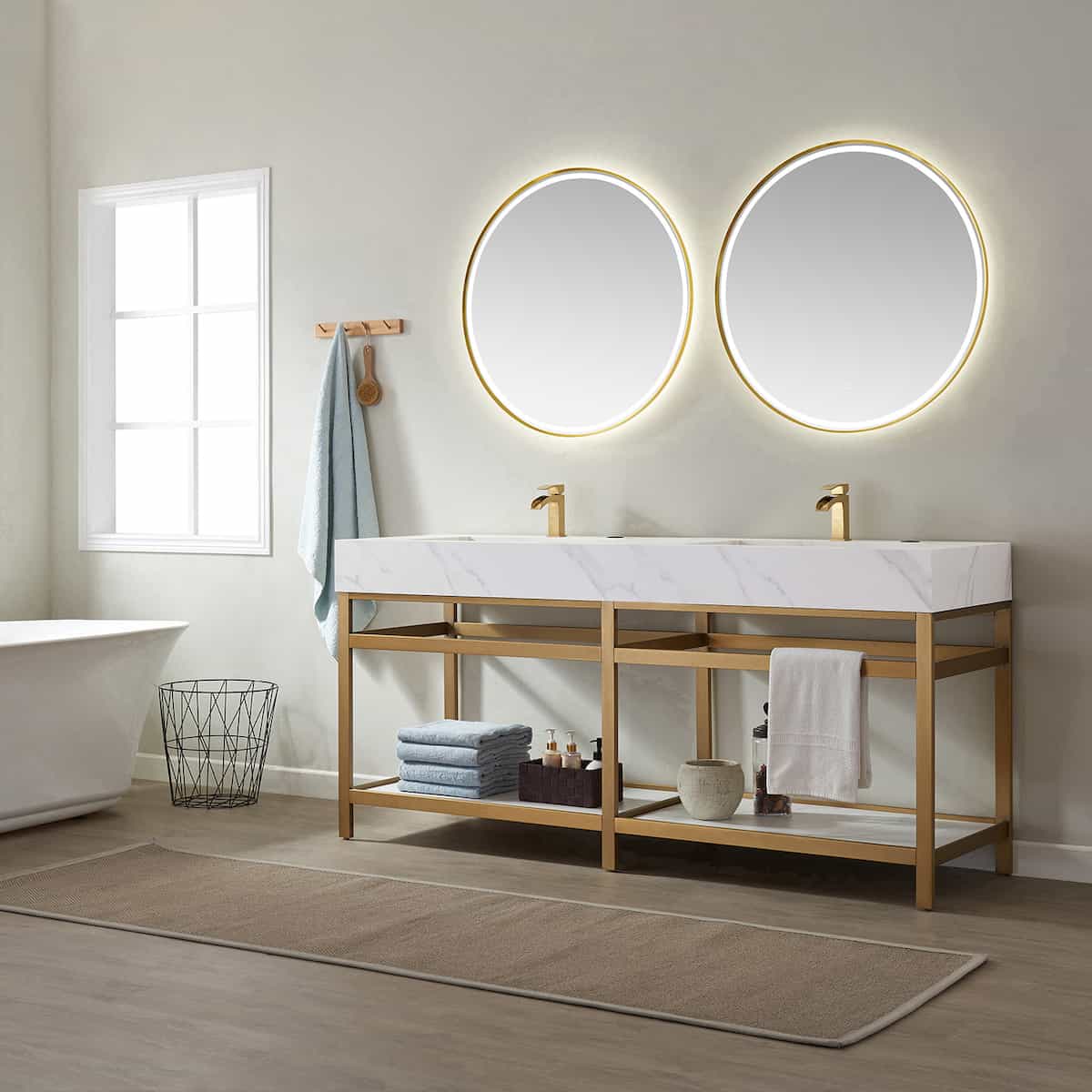 Vinnova Bilbao 72 Inch Freestanding Double Vanity with Brushed-Gold Stainless Steel Bracket Match with Snow Mountain-White Stone Countertop With LED Mirrors Side 701172-BG-SMB