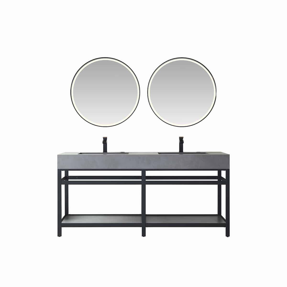 Vinnova Bilbao 72 Inch Freestanding Double Vanity with Matte Black Stainless Steel Bracket Match with Grey Sintered Stone Top With LED Mirrors 701172-TB-WK