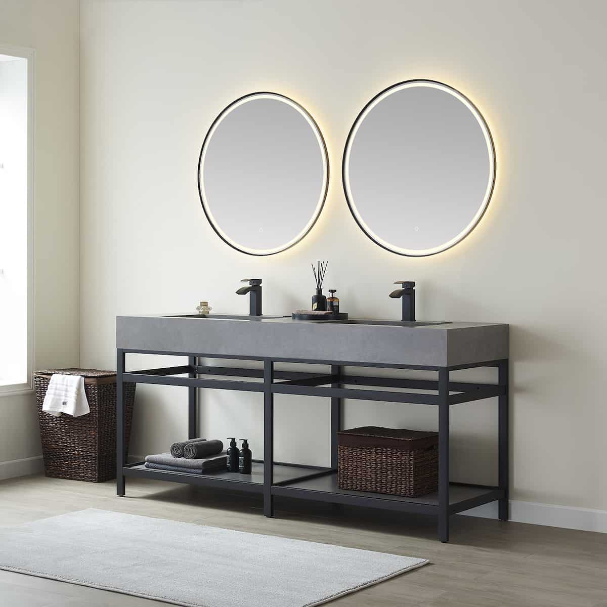 Vinnova Bilbao 72 Inch Freestanding Double Vanity with Matte Black Stainless Steel Bracket Match with Grey Sintered Stone Top With LED Mirrors Side 701172-TB-WK