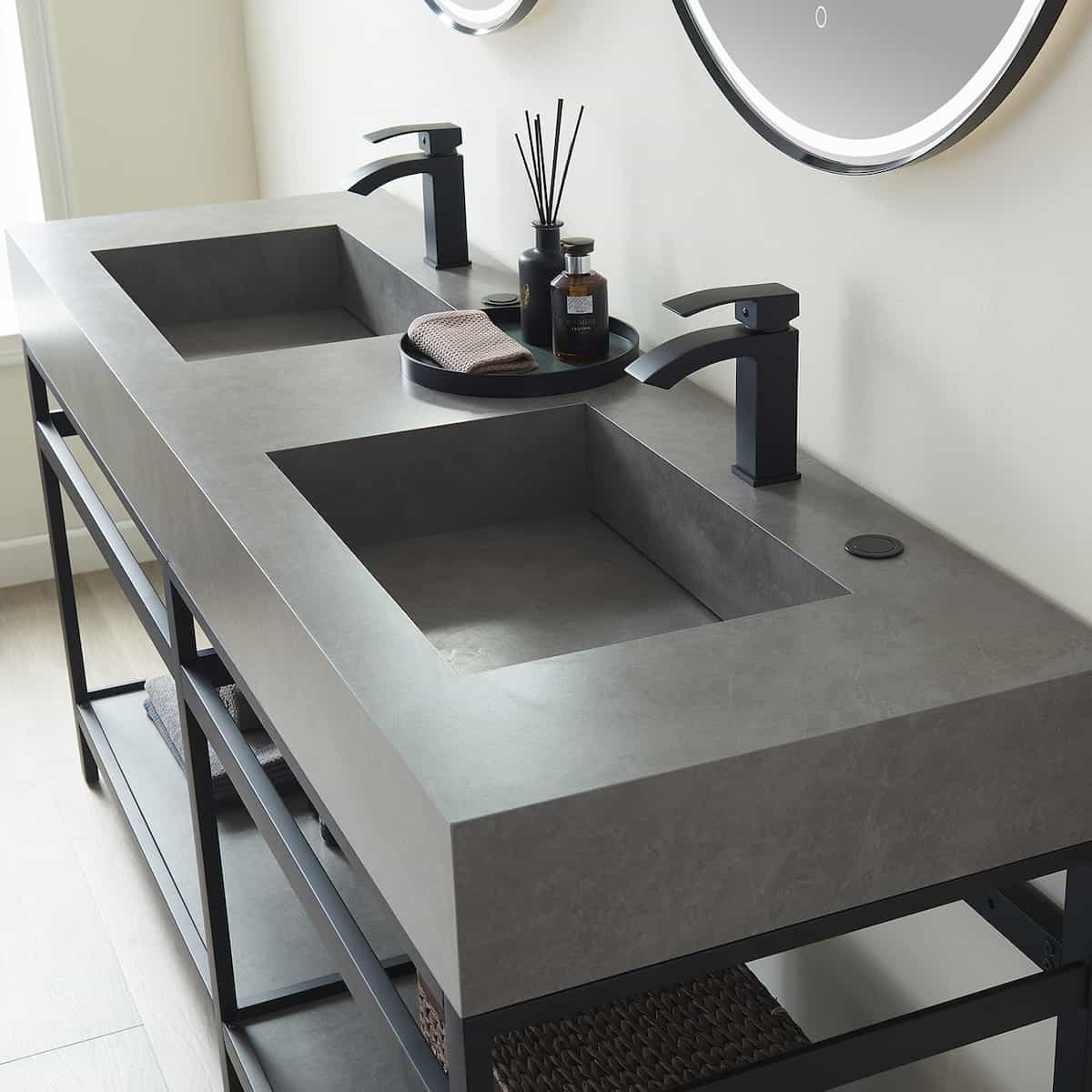 Vinnova Bilbao 72 Inch Freestanding Double Vanity with Matte Black Stainless Steel Bracket Match with Grey Sintered Stone Top With LED Mirrors Sinks 701172-TB-WK
